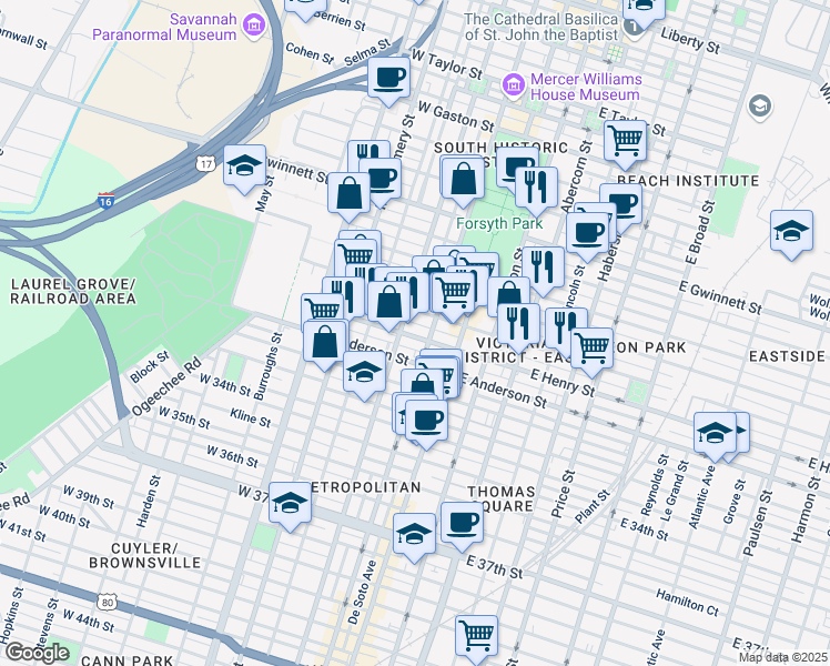 map of restaurants, bars, coffee shops, grocery stores, and more near 1209 Whitaker Street in Savannah