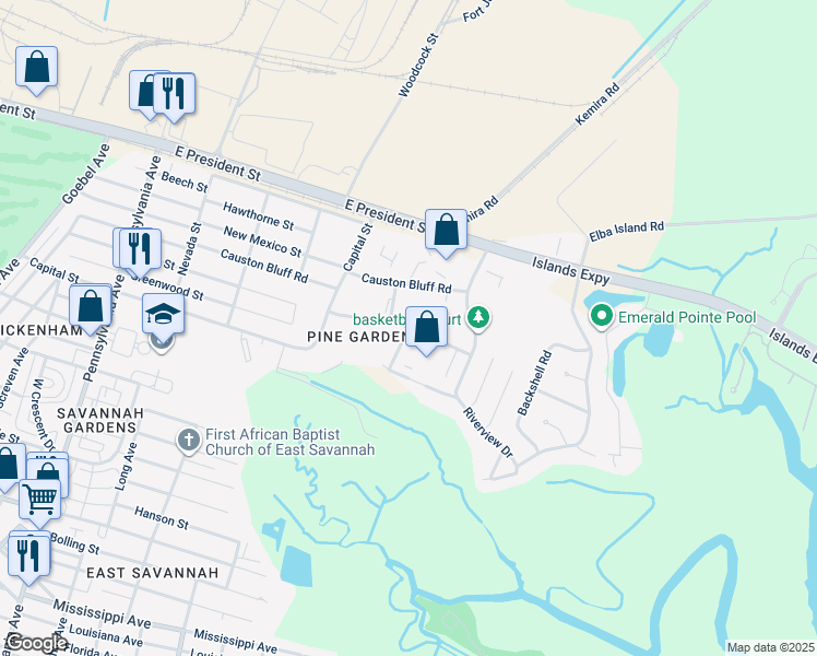 map of restaurants, bars, coffee shops, grocery stores, and more near 2 Celia Street in Savannah