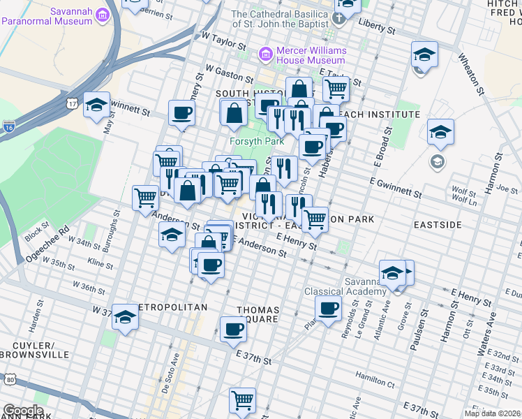 map of restaurants, bars, coffee shops, grocery stores, and more near 110 East Duffy Street in Savannah