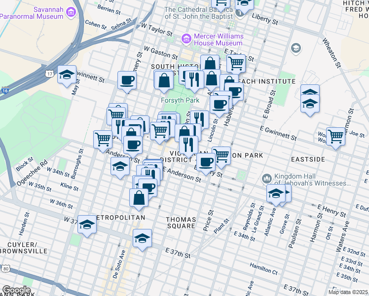 map of restaurants, bars, coffee shops, grocery stores, and more near 112 East Duffy Street in Savannah