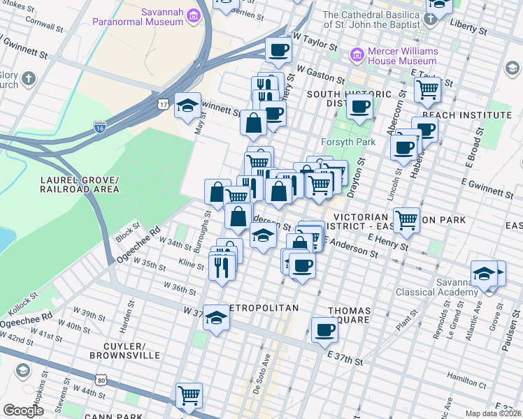 map of restaurants, bars, coffee shops, grocery stores, and more near 1308 Montgomery Street in Savannah