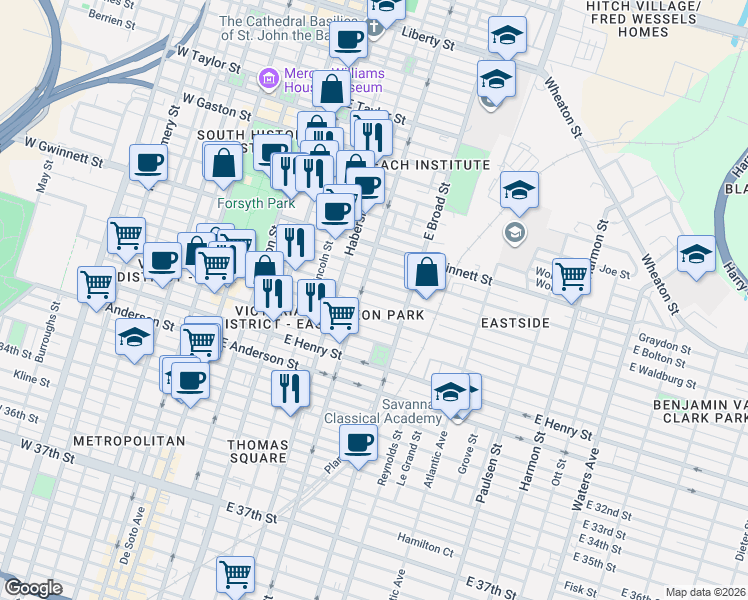 map of restaurants, bars, coffee shops, grocery stores, and more near 505 East Waldburg Street in Savannah