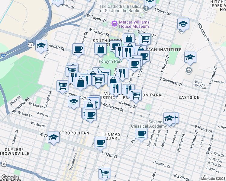 map of restaurants, bars, coffee shops, grocery stores, and more near 110 East Duffy Street in Savannah