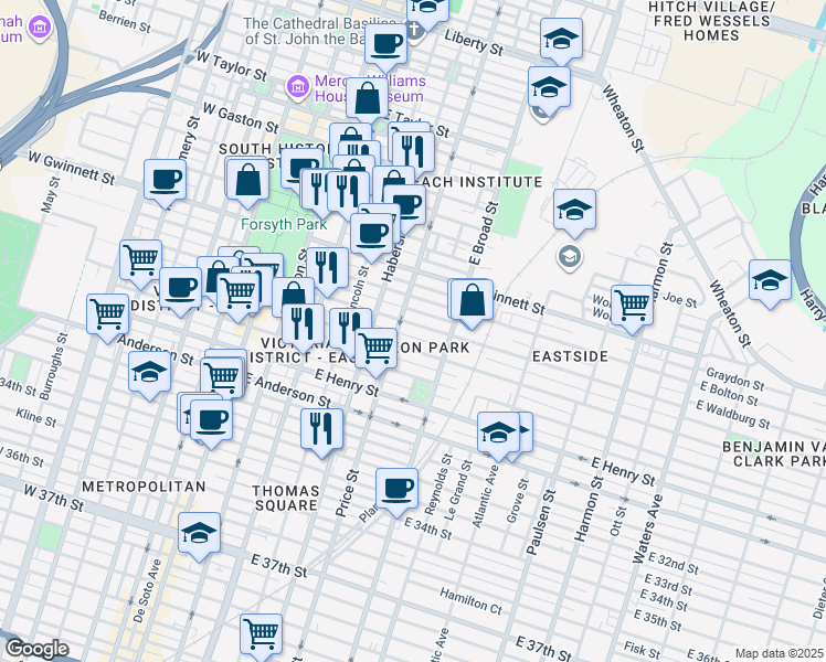 map of restaurants, bars, coffee shops, grocery stores, and more near 512 East Waldburg Lane in Savannah