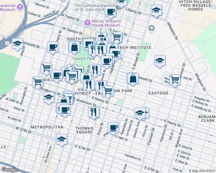 map of restaurants, bars, coffee shops, grocery stores, and more near 1011 Habersham Street in Savannah