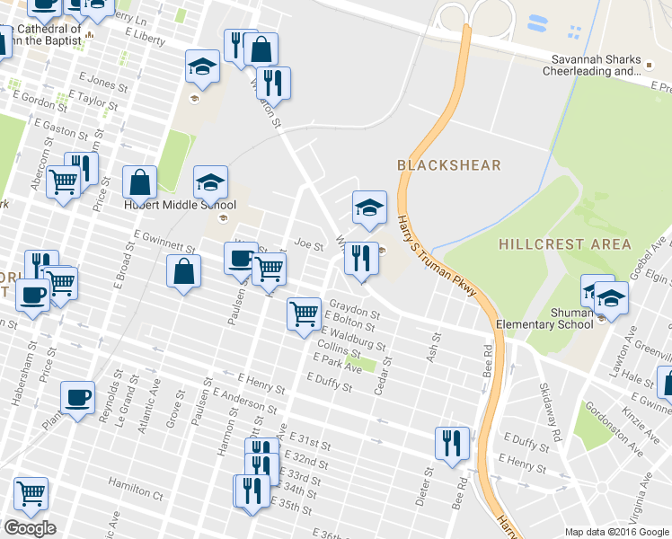 map of restaurants, bars, coffee shops, grocery stores, and more near 635 Waters Avenue in Savannah