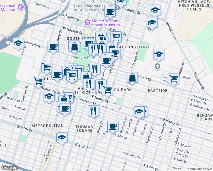 map of restaurants, bars, coffee shops, grocery stores, and more near 1011 Habersham Street in Savannah