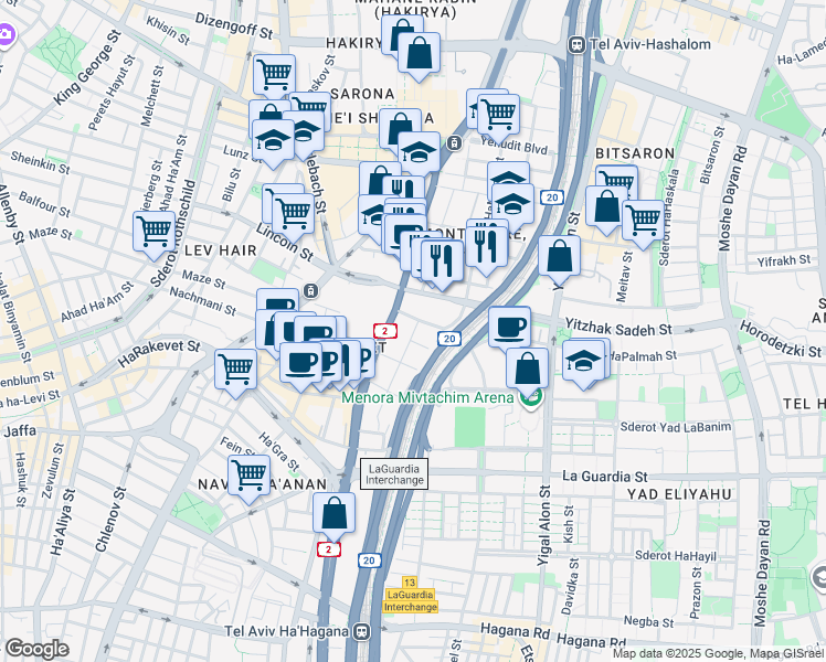 map of restaurants, bars, coffee shops, grocery stores, and more near 29 Khoma u-Migdal Street in Tel Aviv-Yafo
