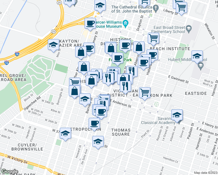 map of restaurants, bars, coffee shops, grocery stores, and more near 11 West Duffy Street in Savannah