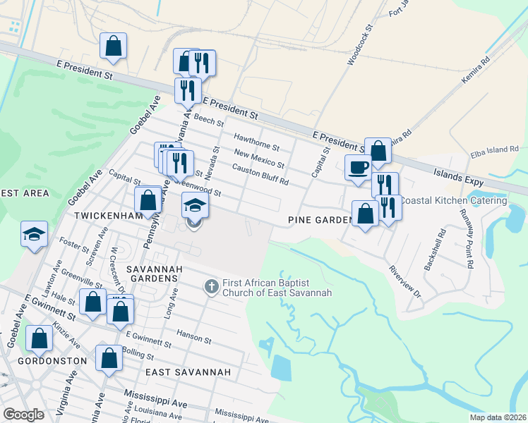 map of restaurants, bars, coffee shops, grocery stores, and more near 2239 Greenwood Street in Savannah