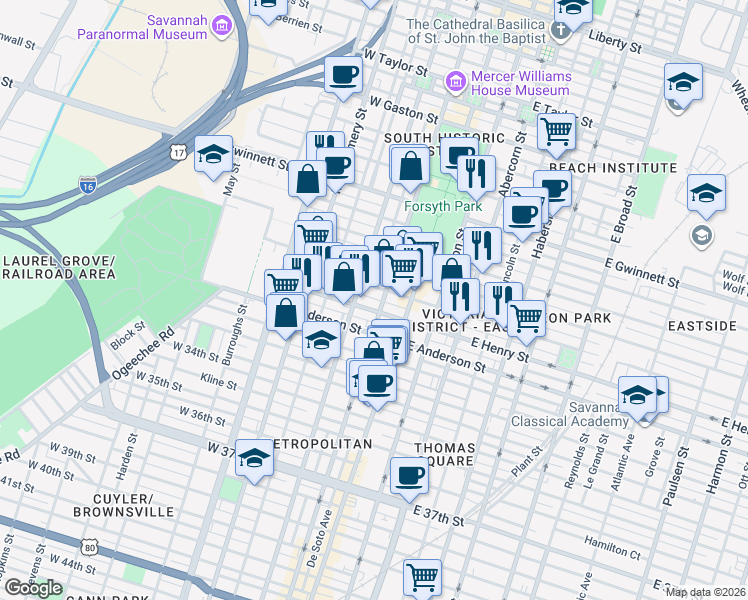 map of restaurants, bars, coffee shops, grocery stores, and more near 1209 Whitaker Street in Savannah