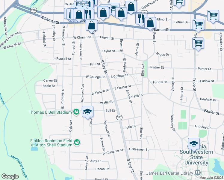 map of restaurants, bars, coffee shops, grocery stores, and more near 601 Lee Street in Americus