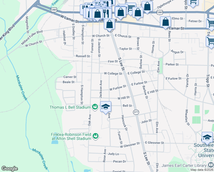 map of restaurants, bars, coffee shops, grocery stores, and more near 529 Harrold Avenue in Americus
