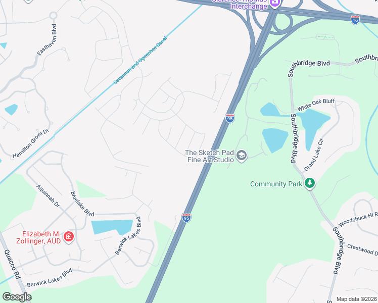 map of restaurants, bars, coffee shops, grocery stores, and more near Interstate 95 in Pooler