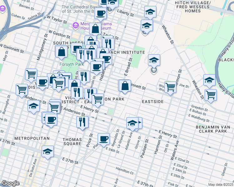 map of restaurants, bars, coffee shops, grocery stores, and more near 538 East Waldburg Street in Savannah