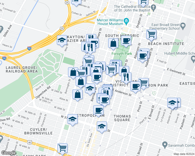 map of restaurants, bars, coffee shops, grocery stores, and more near 214 West Henry Street in Savannah