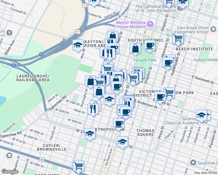 map of restaurants, bars, coffee shops, grocery stores, and more near 1308 Montgomery Street in Savannah