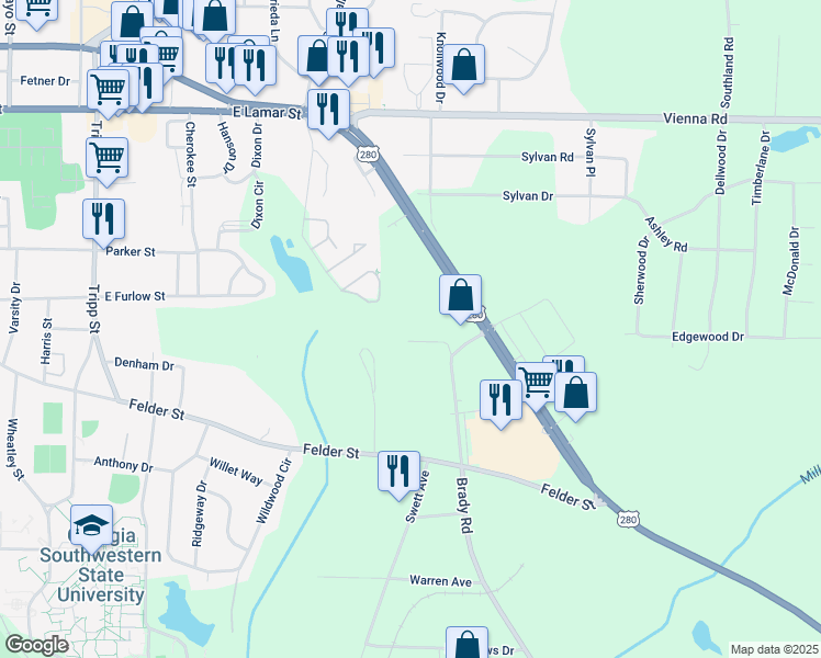 map of restaurants, bars, coffee shops, grocery stores, and more near 114B Sullivan Drive in Americus