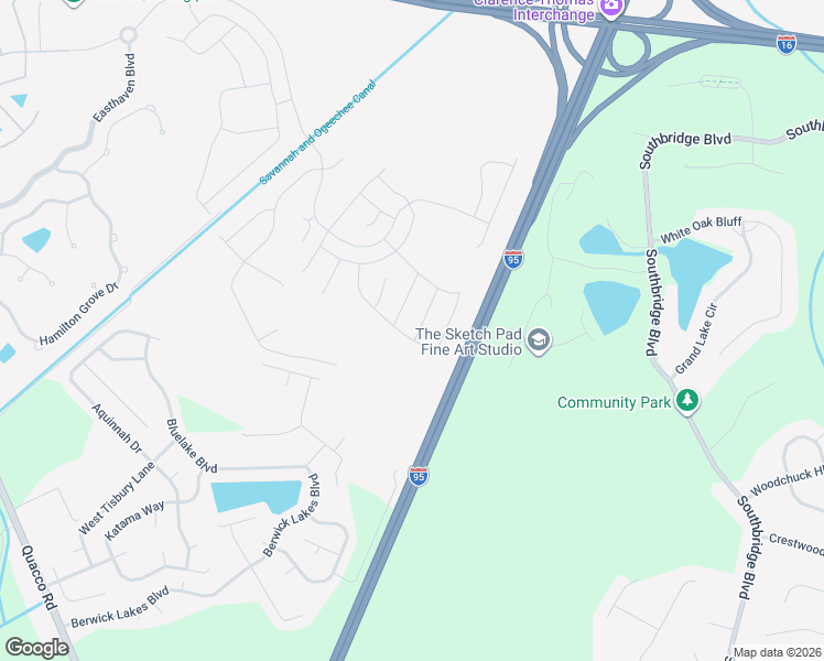 map of restaurants, bars, coffee shops, grocery stores, and more near Interstate 95 in Pooler