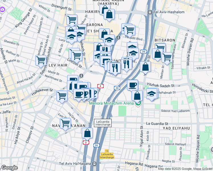 map of restaurants, bars, coffee shops, grocery stores, and more near 29 Khoma u-Migdal Street in Tel Aviv-Yafo