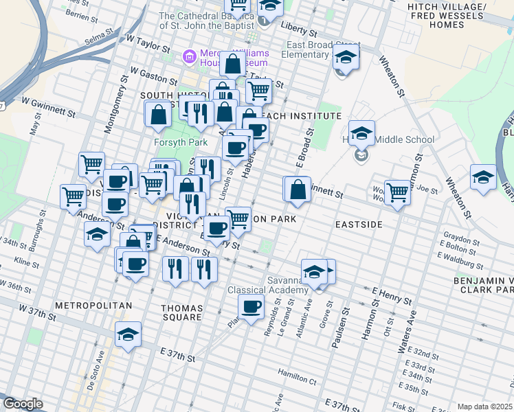 map of restaurants, bars, coffee shops, grocery stores, and more near 505 East Waldburg Street in Savannah