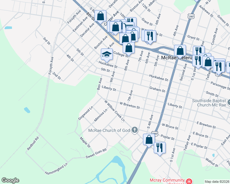 map of restaurants, bars, coffee shops, grocery stores, and more near 179 Liberty Street in McRae-Helena