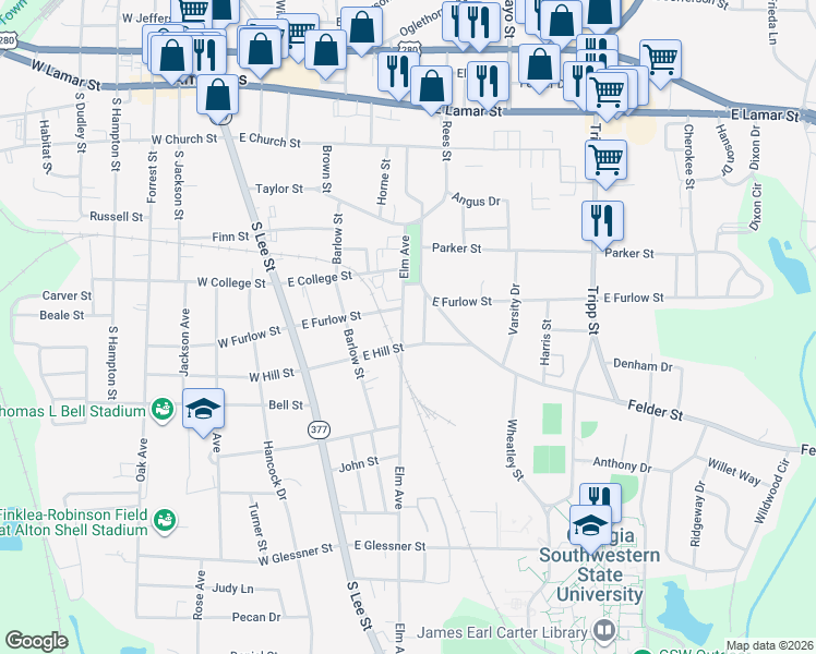 map of restaurants, bars, coffee shops, grocery stores, and more near 616 Elm Avenue in Americus