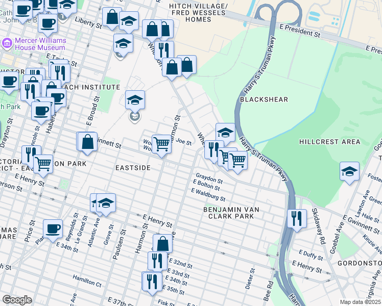 map of restaurants, bars, coffee shops, grocery stores, and more near 635 Waters Avenue in Savannah