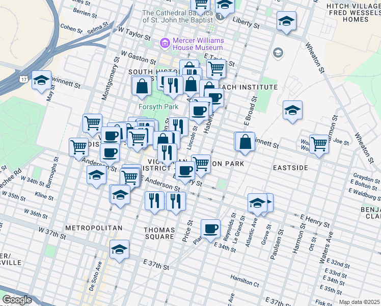 map of restaurants, bars, coffee shops, grocery stores, and more near 1011 Habersham Street in Savannah