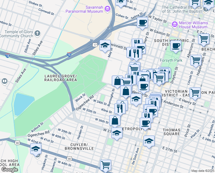 map of restaurants, bars, coffee shops, grocery stores, and more near 601 West Anderson Street in Savannah