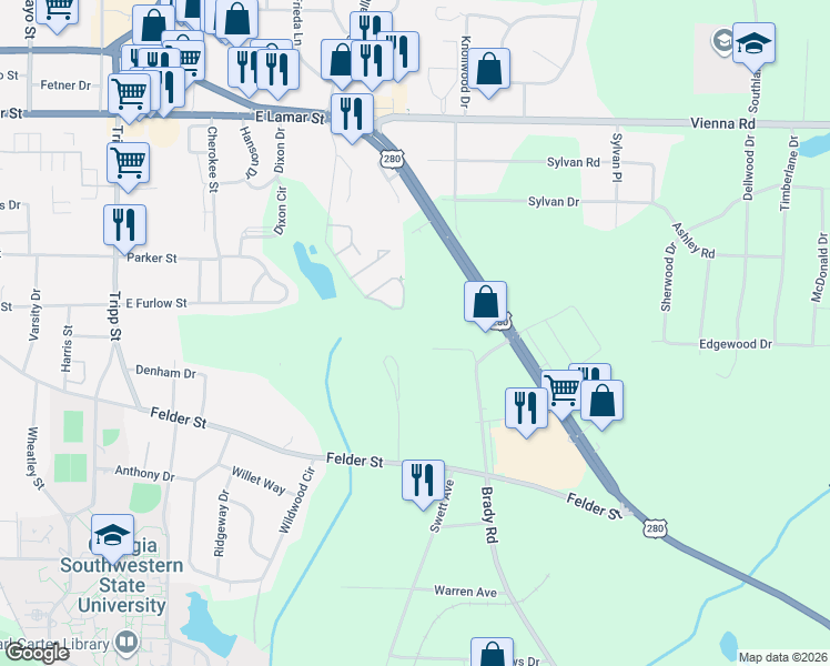 map of restaurants, bars, coffee shops, grocery stores, and more near 114B Sullivan Drive in Americus