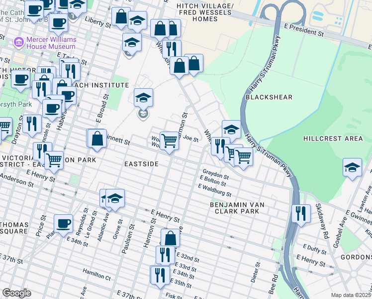 map of restaurants, bars, coffee shops, grocery stores, and more near 900 East Gwinnett Street in Savannah
