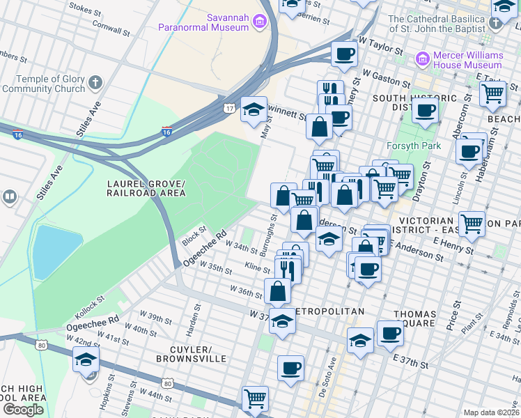 map of restaurants, bars, coffee shops, grocery stores, and more near 601 West Anderson Street in Savannah