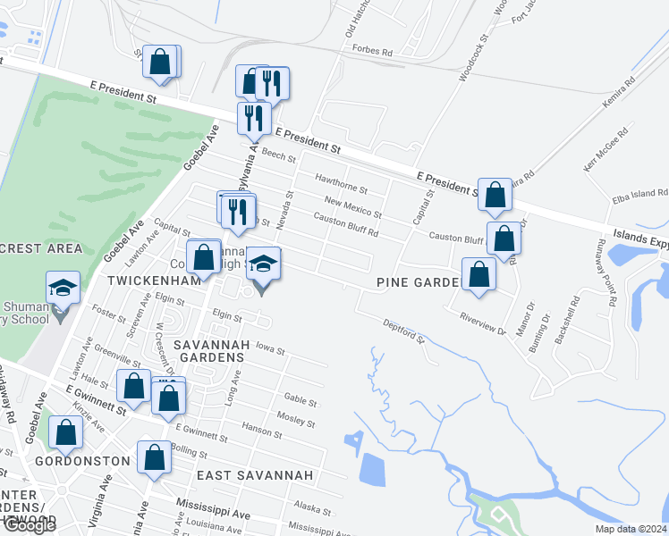 map of restaurants, bars, coffee shops, grocery stores, and more near 2208 Capital Street in Savannah