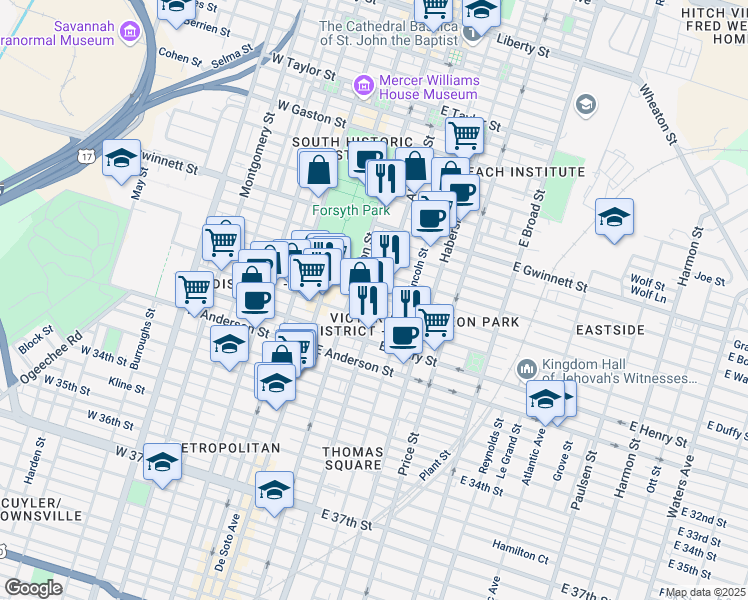 map of restaurants, bars, coffee shops, grocery stores, and more near 110 East Duffy Street in Savannah