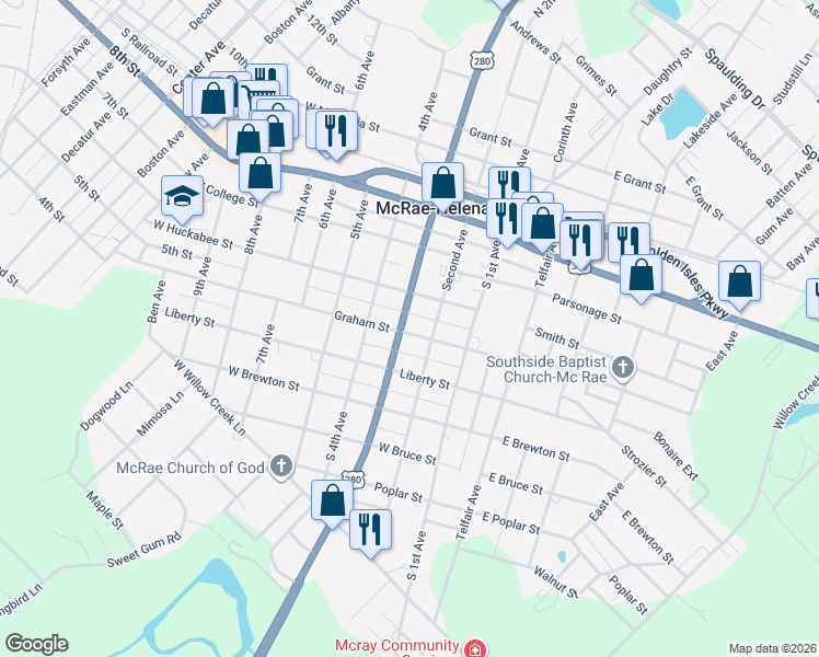 map of restaurants, bars, coffee shops, grocery stores, and more near 65 3rd Avenue in McRae-Helena