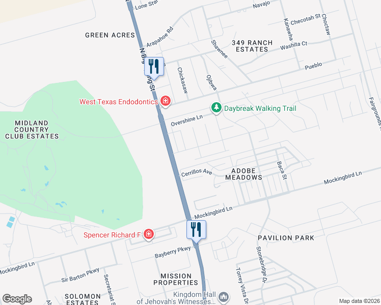 map of restaurants, bars, coffee shops, grocery stores, and more near Lumina Court in Midland