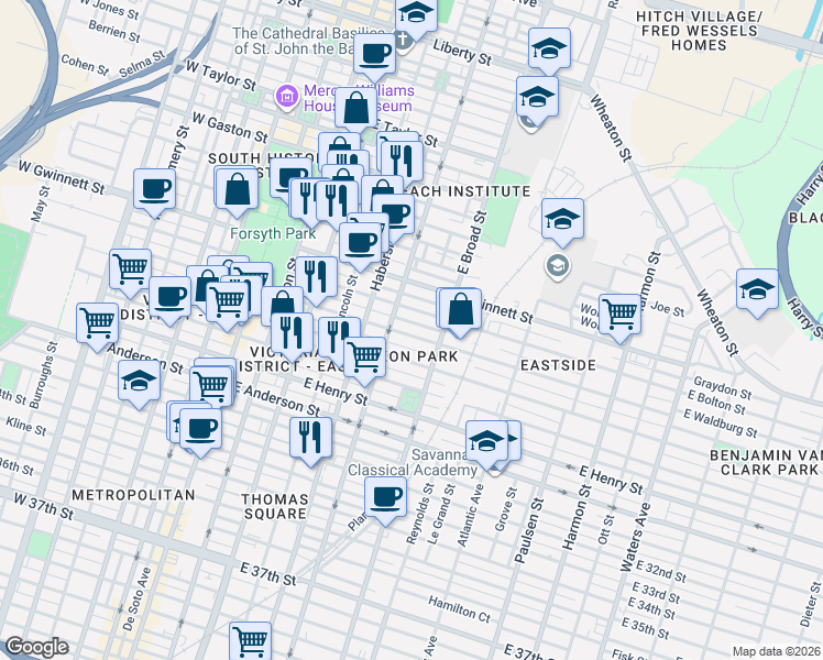 map of restaurants, bars, coffee shops, grocery stores, and more near 505 East Waldburg Street in Savannah