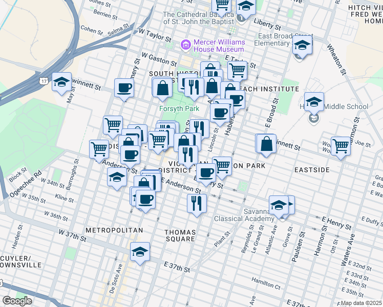 map of restaurants, bars, coffee shops, grocery stores, and more near 211 East Park Avenue in Savannah