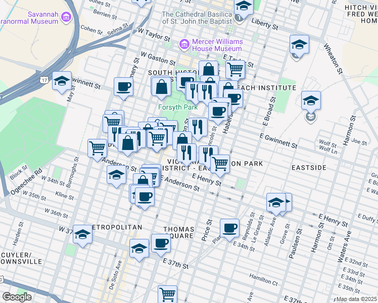 map of restaurants, bars, coffee shops, grocery stores, and more near 110 East Duffy Street in Savannah