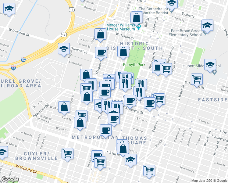 map of restaurants, bars, coffee shops, grocery stores, and more near 1209 Whitaker Street in Savannah