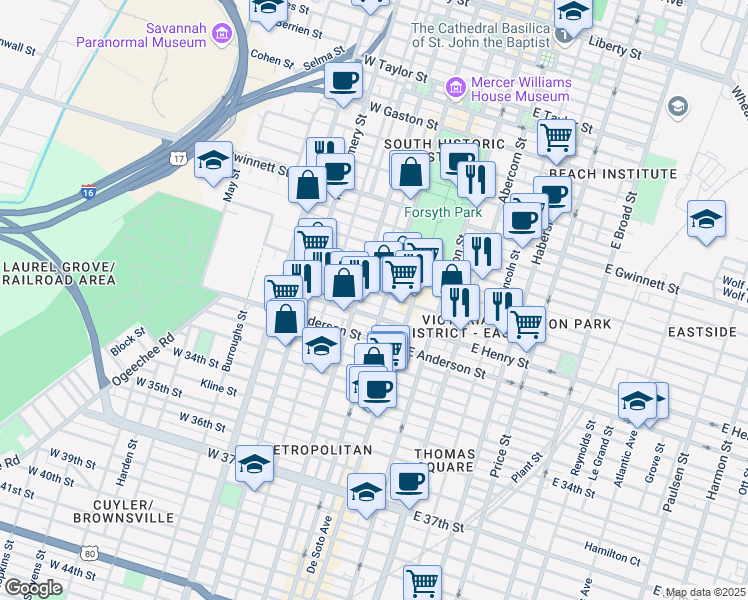 map of restaurants, bars, coffee shops, grocery stores, and more near 1209 Whitaker Street in Savannah
