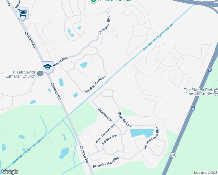 map of restaurants, bars, coffee shops, grocery stores, and more near 188 Aquinnah Drive in Pooler