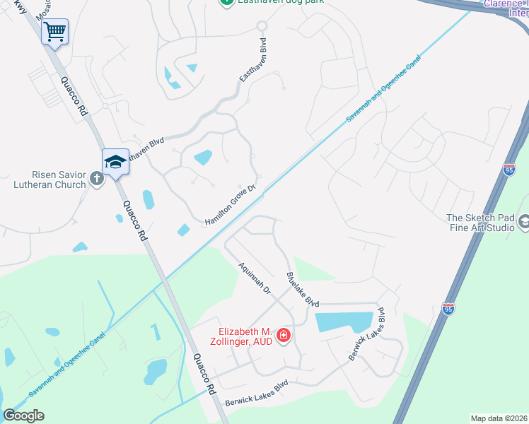 map of restaurants, bars, coffee shops, grocery stores, and more near 188 Aquinnah Drive in Pooler