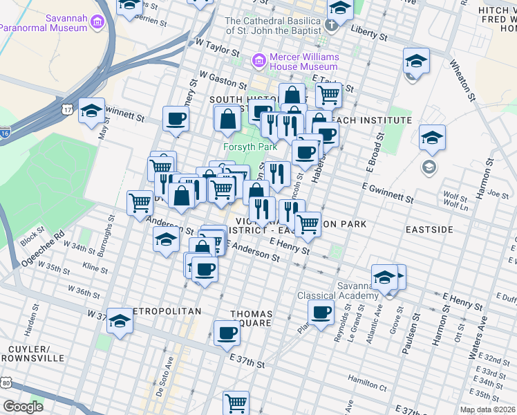 map of restaurants, bars, coffee shops, grocery stores, and more near 110 East Duffy Street in Savannah