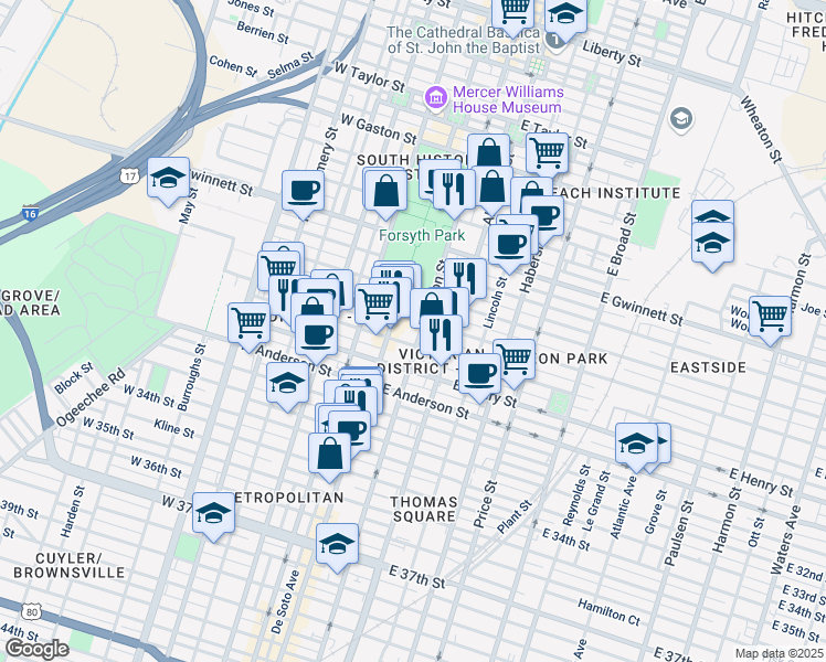 map of restaurants, bars, coffee shops, grocery stores, and more near 17 East Park Avenue in Savannah