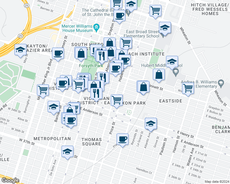 map of restaurants, bars, coffee shops, grocery stores, and more near 1005 Habersham Street in Savannah
