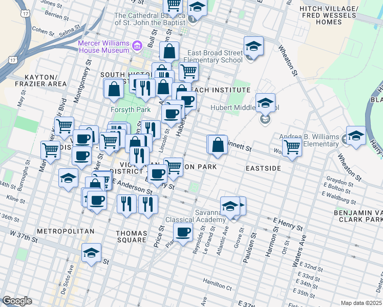 map of restaurants, bars, coffee shops, grocery stores, and more near 505 East Waldburg Street in Savannah