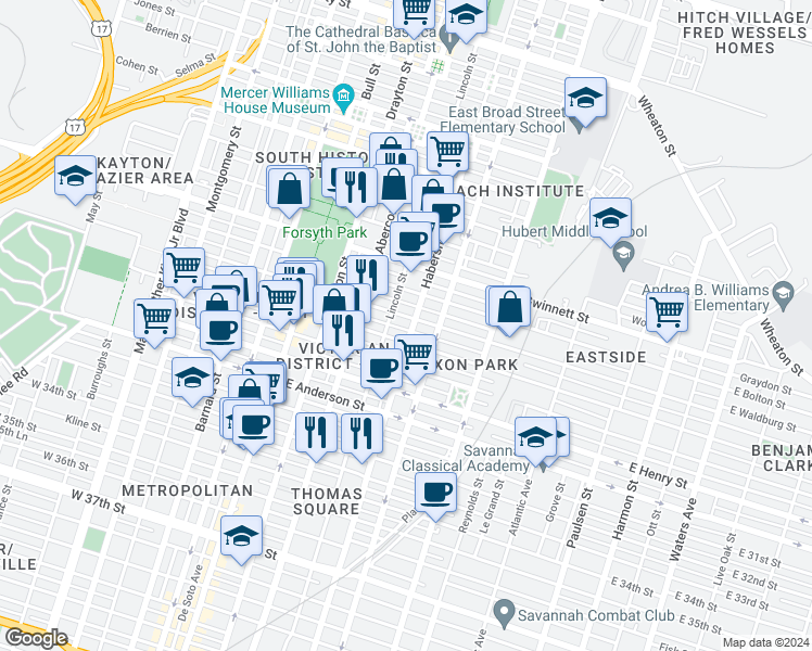 map of restaurants, bars, coffee shops, grocery stores, and more near 1011 Habersham Street in Savannah