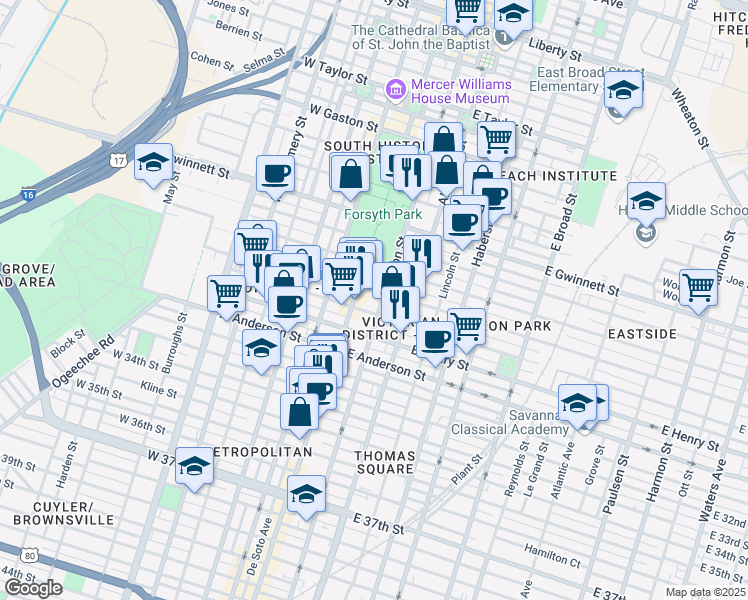 map of restaurants, bars, coffee shops, grocery stores, and more near 110 East Duffy Street in Savannah